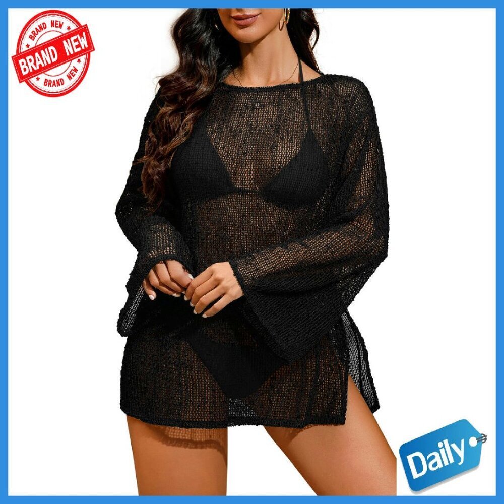 Crochet Sheer Kaftan Beach Dress Swim Coverup One Piece Slight Stretch